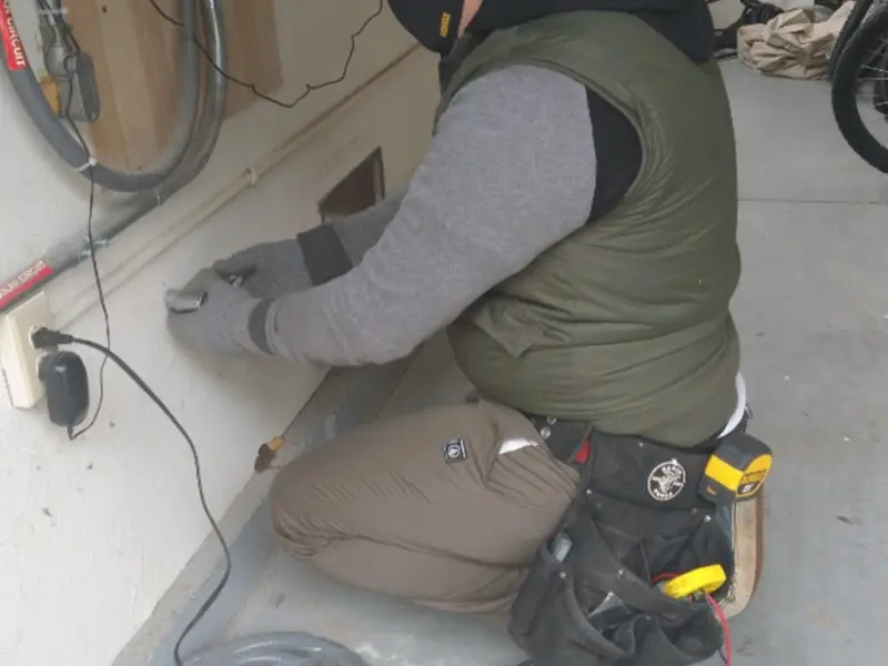 Electrician performing outlet wiring in a Sparta garage